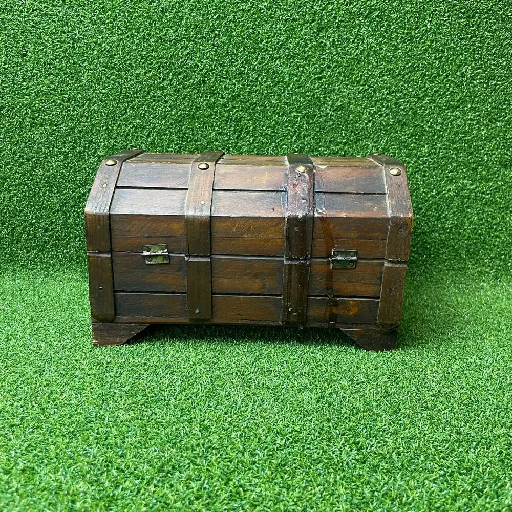 Vintage Wooden Treasure Chest Jewelry Box Gothic Lions Head Metal Latch